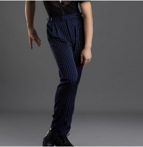 Black blue striped ballroom latin dance pants for men youth junior flamenco salsa rumba samba waltz tango stage performance long trousers